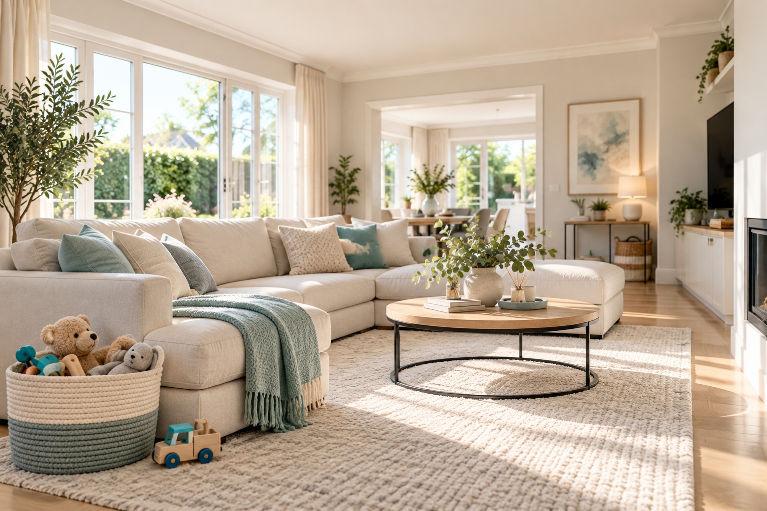 Bright, spotless family living room with a clean rug and fresh, tidy interior